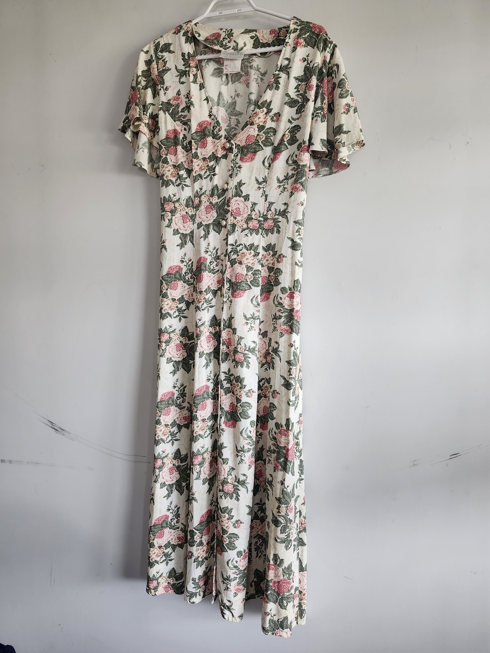 Vintage Romantic Floral Cream Maxi Dress | Button Down Flutter Sleeve Size 11
